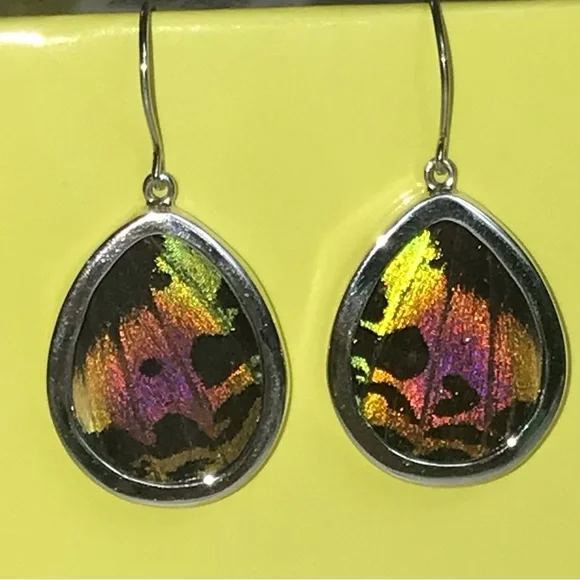 Real Butterfly Wing Earrings Sterling Silver Handmade Jewelry Oval Teardrop - Picture 4 of 9